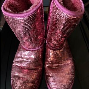 UGG Pink Winter Rain Boots with Sequined Exterior and Mid-Calf Design